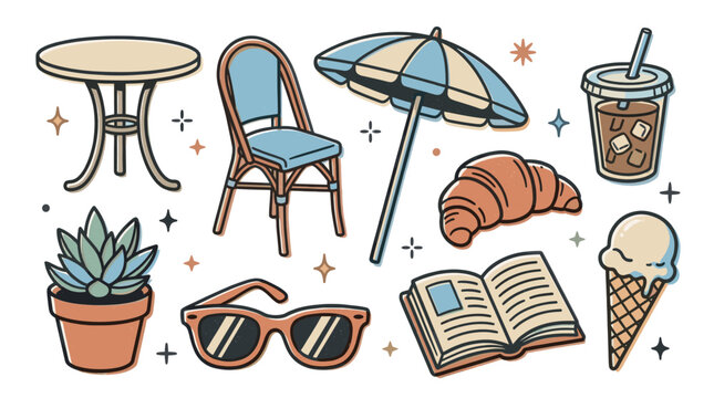 Charming collection of summer vacation objects including a table, chair, umbrella, croissant, and ice cream on a white background