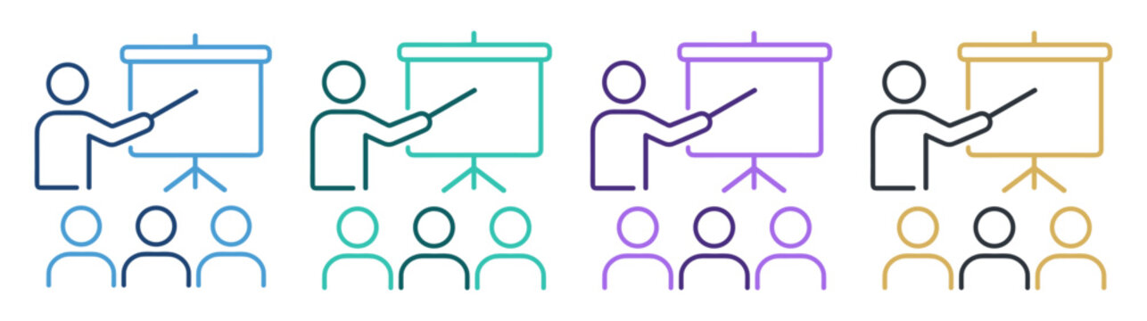 presenter teaching audience with presentation board icon set on transparent background