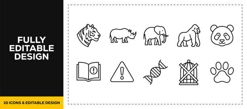 flat vector illustration line art icon bundle set design illustrating zoo animals wildlife monkey tiger bear nature biology fauna jungle safari exhibition graphic ui