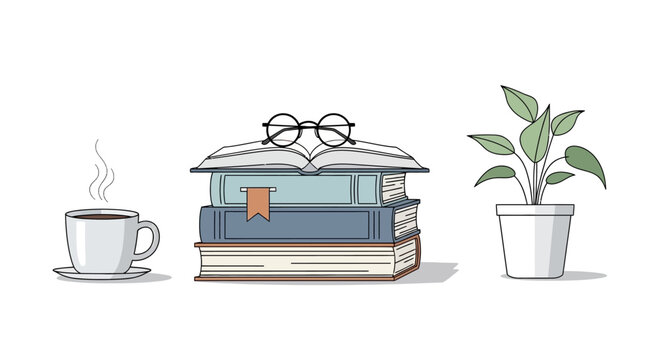Still life with coffee, books and potted plant