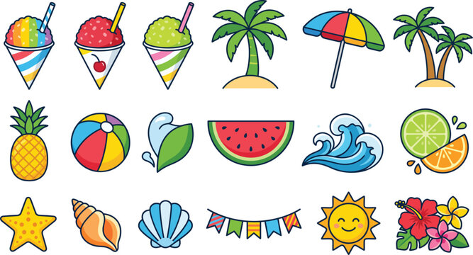 Colorful ice snow cones clip art illustration with a summery beach vacation theme vibrant and cheerful