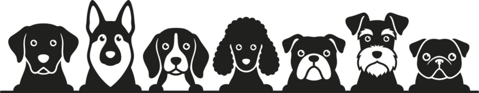 Group of cute dog faces in a row black and white silhouette icon set of different breeds looking forward