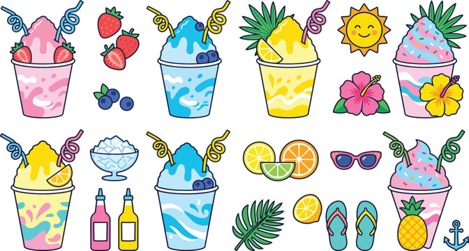 Colorful shaved ice snow cones clip art illustration with a summery vibe perfect for seasonal designs