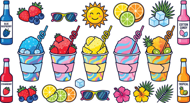 Colorful summer ice snow cones clip art with a white background refreshing treats for hot days