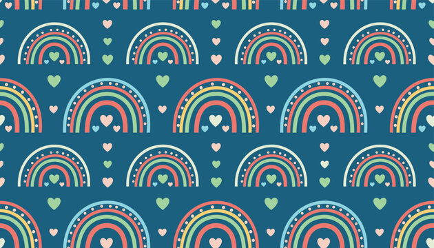 Childish seamless pattern with pastel rainbows and hearts on dark teal background, beautiful design for kids pajamas.