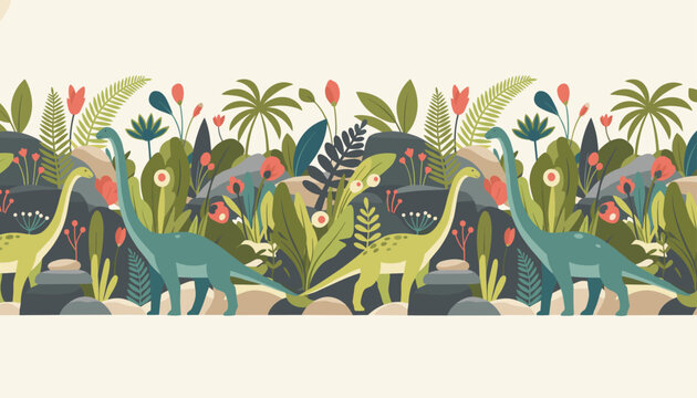 Prehistoric jungle horizontal border with long neck dinosaurs and tropical plants, ideal for children room wallpaper design.