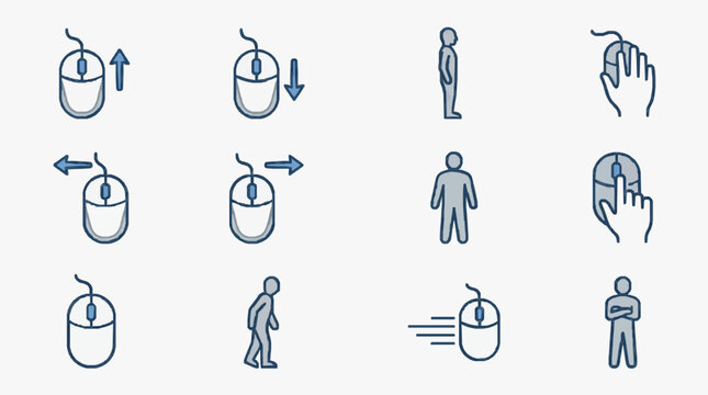 Sleek Minimalist Icons Showing Mouse Hand Gestures and Human Figures for User Interface Interaction Guide