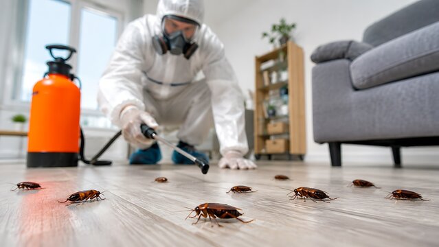 Professional pest control worker spraying cockroaches on residential floor