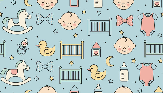 Lovely baby shower seamless pattern with rocking horses, cribs, baby faces, and toys on a pastel blue background.