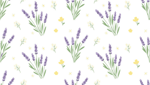 Beautiful lavender seamless pattern with elegant purple blossom bouquets and small yellow flowers on a white background.