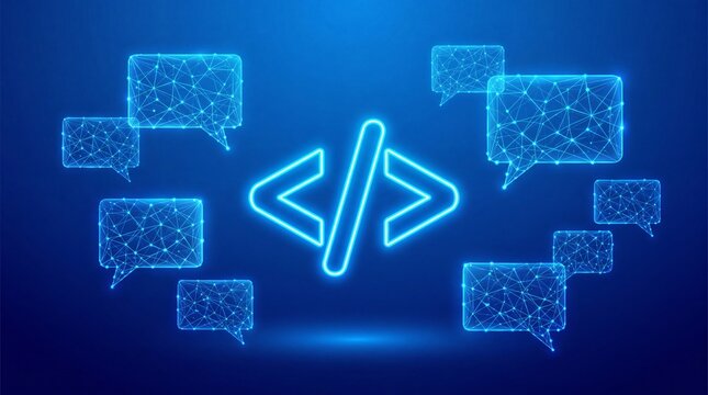 Close-up of glowing blue code brackets surrounded by digital chat bubbles in a tech-themed setting