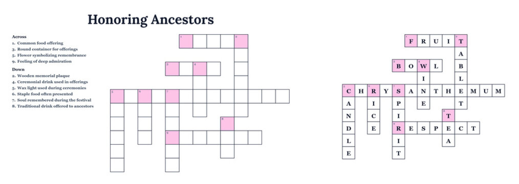 Honoring ancestors crossword puzzle in educational style