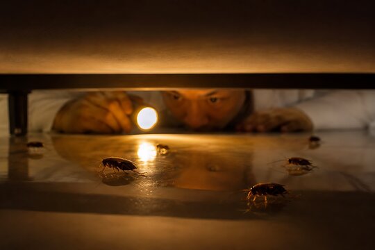 Curious child looking under bed with flashlight searching for hidden objects