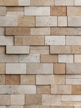 Close-up of beige and light brown stone brick wall with textured surface in natural lighting