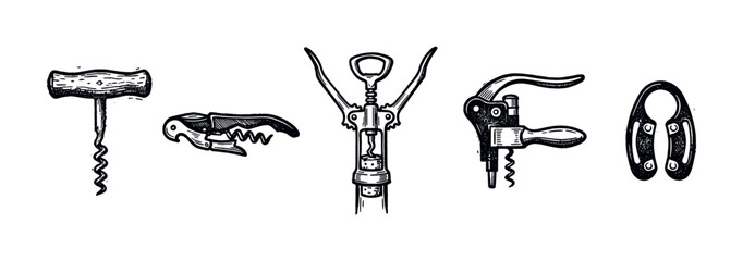 Naklejka premium Collection of five different vintage corkscrew designs, hand-drawn in a black and white sketch style on a clean white background