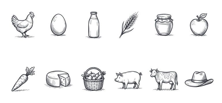 Various hand-drawn farm products and animals are neatly arranged in two rows on a clean white background, showcasing a rustic sketch style