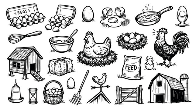 Various hand-drawn chicken and egg farming elements, including a rooster, hen, nests, coops, and feed, depicted in a charming sketch style