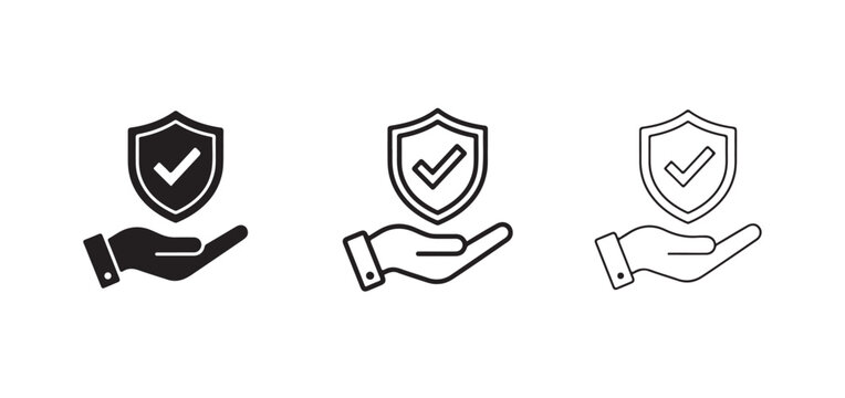 Line icons of hand holding shield with check mark symbolizing protection and security  concept of safety and guarantee