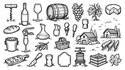 Obraz premium Collection of hand-drawn wine-related objects and vineyard elements, including bottles, grapes, barrels, and houses, presented as a black and white doodle set on a clean white background