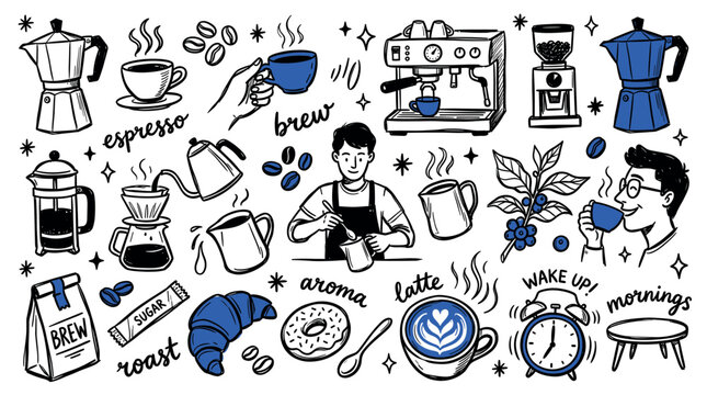 Vibrant collection of hand-drawn coffee-related illustrations and elements, featuring various brewing methods, drinks, and a barista on a clean white background
