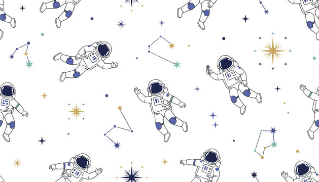 Delightful seamless pattern with cute hand-drawn astronauts floating in outer space among stars and constellations.