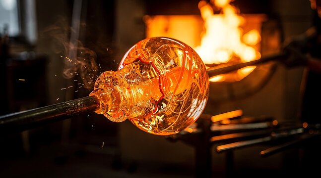 Glassblower shaping a glowing hot molten glass piece in a workshop.
