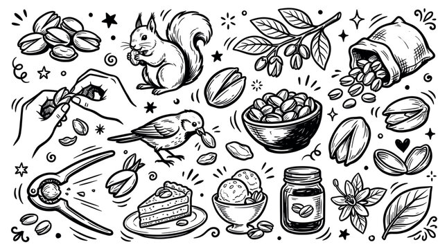 Various hand-drawn pistachio elements including nuts, a squirrel, a bird, and a nutcracker, rendered in a detailed black and white doodle style on a clean white background