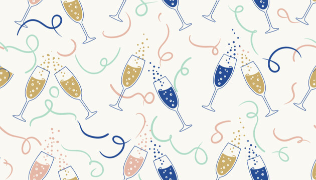 Celebratory seamless pattern with toast champagne glasses clinking, colorful streamers, and bubbles on a cream background.