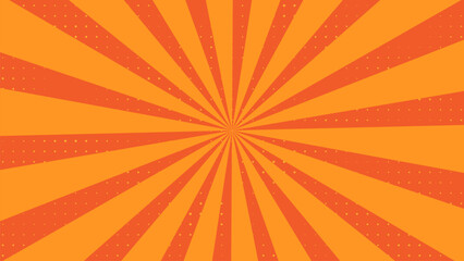 Obraz premium Sunburst background with orange radial stripes and halftone dots for retro comic graphic.