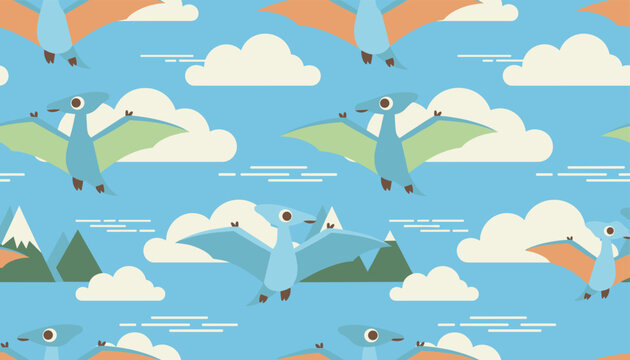 Cheerful seamless pattern with cute cartoon pterodactyl dinosaurs flying among white clouds in a bright blue sky.