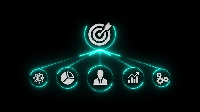 Neon step on table with icon Action plan, Goal and target, success and business target concept, project management, company strategy 4k animation video.