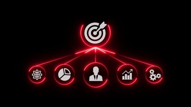 Neon step on table with icon Action plan, Goal and target, success and business target concept, project management, company strategy 4k animation video.