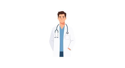 Fototapeta premium Full/half body vector illustration of a male doctor standing upright wearing blue medical clothing under his white coat.