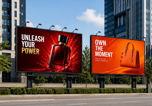 Double Outdoor Billboards Mockup in City Street Environment