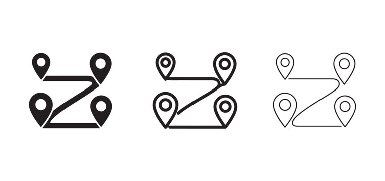 Navigation route map icons with location pins and paths  various line styles for design elements