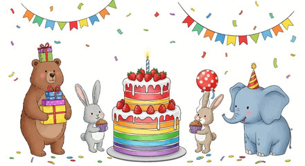 Fototapeta premium Bear rabbit and elephant party with rainbow birthday cake.
