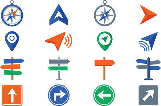 GPS Navigation Compass and Directional Road Sign Icon Set with Location Pins Arrow Pointers and Guideposts for Map Applications and Travel Guide Designs