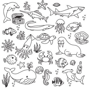 Marine life and ocean animals doodle set vector illustration. Hand drawn sea whale, shark, dolphin, octopus, seal, and shell outline icons collection, coloring page