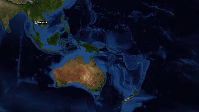 Animated Flight Route Map from Bangkok Thailand to Auckland New Zealand