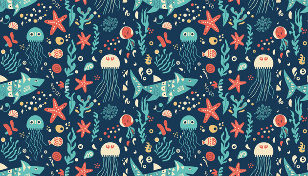 Cute underwater seamless pattern showing sharks, jellyfish, starfish, fish, and seaweed on a deep blue background.