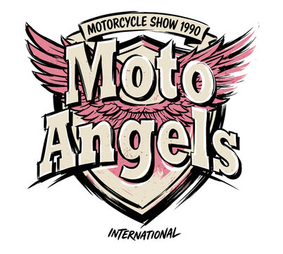 Retro Moto Angels Motorcycle Show 1990 Graphic Emblem with Pink Wings and Shield. Vintage Streetwear Design Featuring Distressed Textures and Artistic Typography for T-Shirts and Posters.