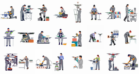 Fototapeta premium Comprehensive collection of illustrations featuring technicians and engineers repairing, assembling, and maintaining professional drones in various industrial and workshop settings.