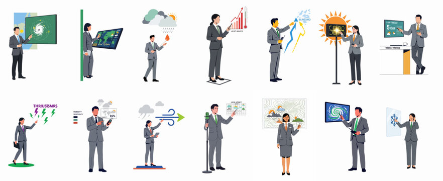 A collection of diverse weather forecasters and meteorologists presenting various weather conditions, maps, and climate data for news and educational purposes.