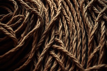 Fototapeta premium Closeup view shows twisted strands, brown tones dominate. Texture appears rough, natural fibers create complex pattern. Dark background enhances contrast.
