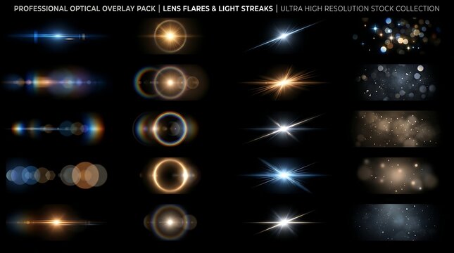 Professional collection of optical lens flares and bright light streaks featuring diverse glowing circular bokeh patterns isolated on a deep black background for creative digital editing