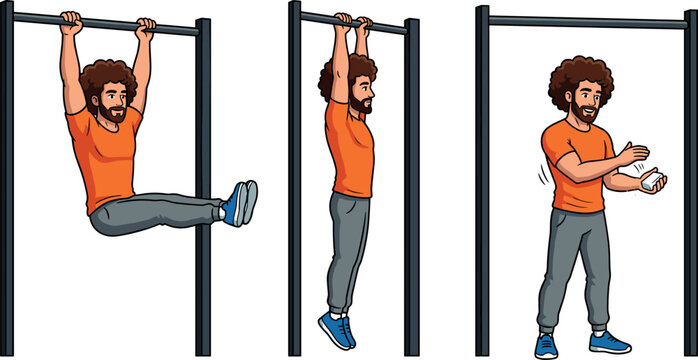 Athletic Man Character Set Performing Pull Ups L Sit Core Exercise and Applying Gym Chalk on Horizontal Bar for Calisthenics Training