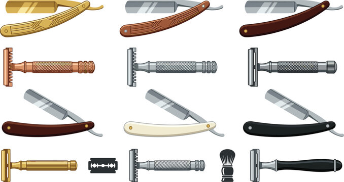 Vintage Barber Shaving Razor Icon Set with Straight Razors Safety Razors Blades and Shaving Brush for Barbershop Branding and Men Grooming Designs