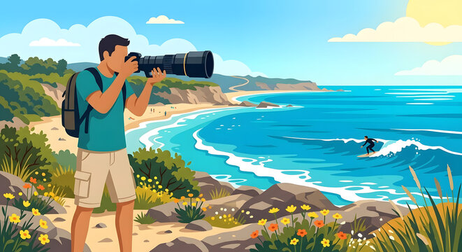 Flat character illustrations in summer featuring a male photographer