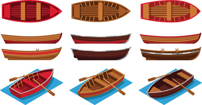 Wooden Rowboat Vector Icon Set with Top Side and Isometric Views Featuring Oars for Fishing Lake Recreation and Marine Nautical Graphic Designs