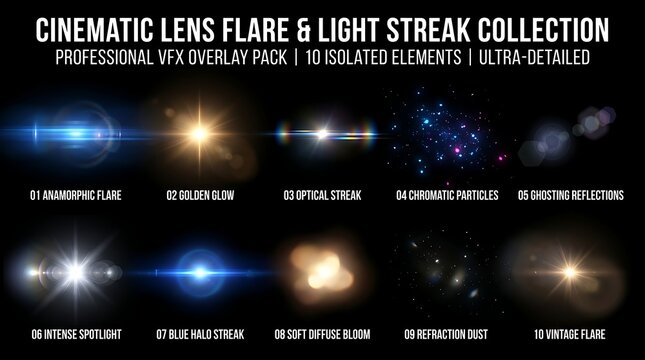 Cinematic lens flare and light streak collection featuring ten isolated professional vfx overlay elements with high detail suitable for creative digital video editing and motion graphics